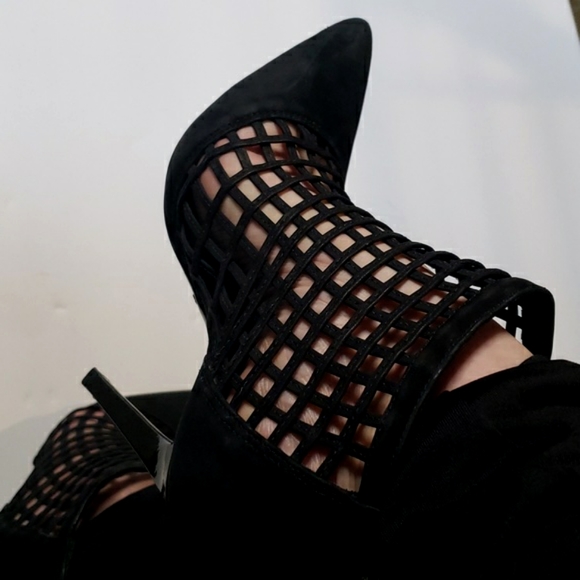 SCHUTZ Shoes - Sexy Suede Schutz Black 5" heel peep toe booties w lattice front foot co…